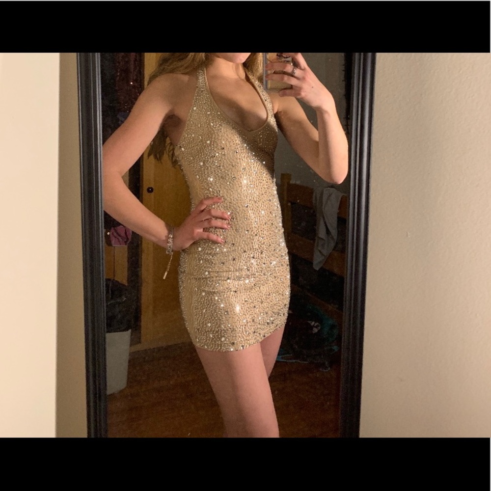Tight sparkly mini dress, beige